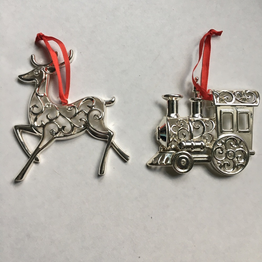 Lenox Pair of Christmas Ornaments Train and Deer Sparkle and Scroll